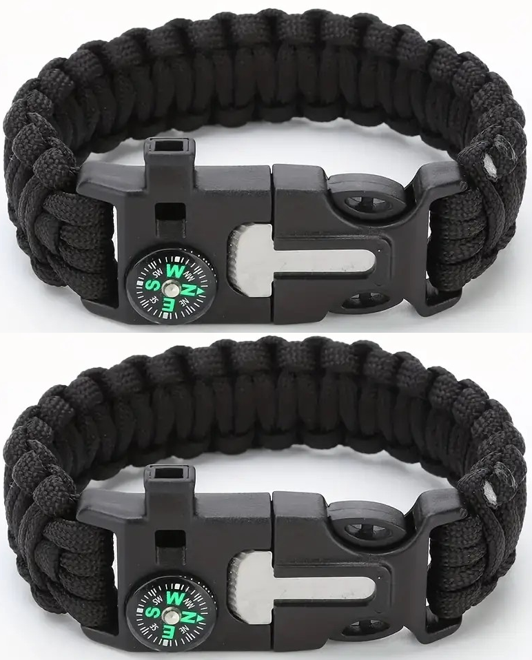 "New" (2 Pack) 5-in-1 Black Nylon Braided Survival Bracelet 23