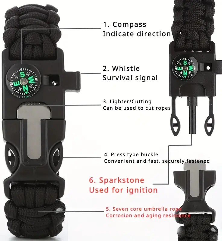 "New" (2 Pack) 5-in-1 Black Nylon Braided Survival Bracelet 23