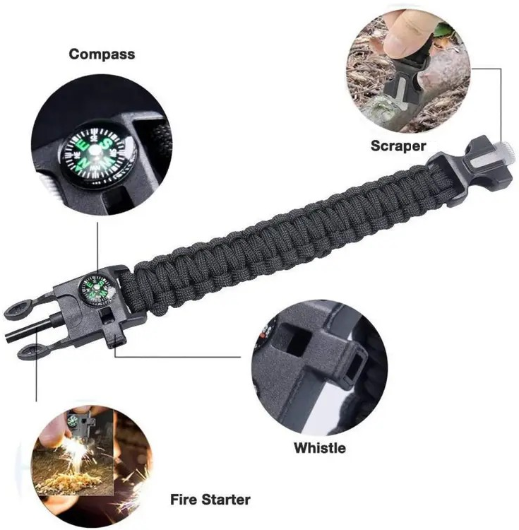 "New" (2 Pack) 5-in-1 Black Nylon Braided Survival Bracelet 23