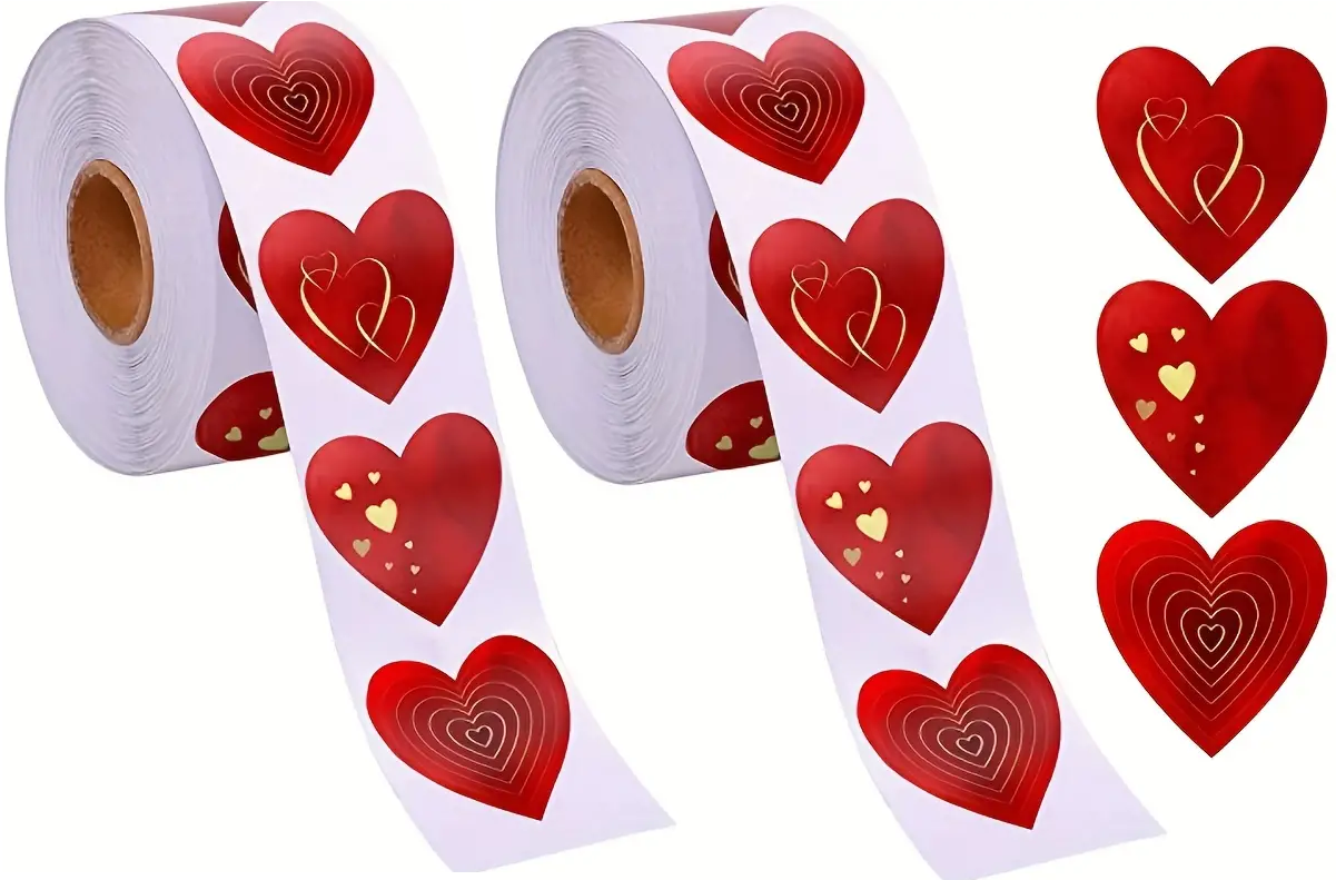 "New" (2 Pack) 500 Pc/Roll Love Red Hearts Sealing Stickers                                                                    19