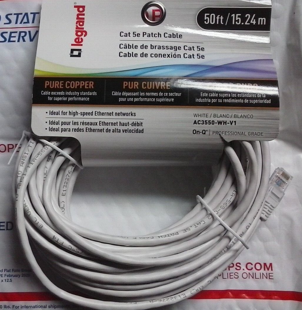 804428031734 Legrand - On-Q CAT 5e Patch Cable, 10Gbps Eth Speed, 50' AC3550WHV1