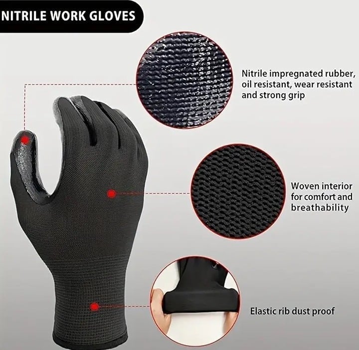 "New" (4 Pairs) Breathable PU Work Gloves - Black                             20