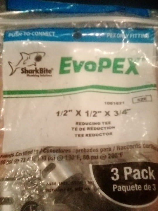 697285045392 "New" SharkBite EvoPEX 1/2" x 1/2" x 3/4" Reducing Tee 3-PK K408Z3