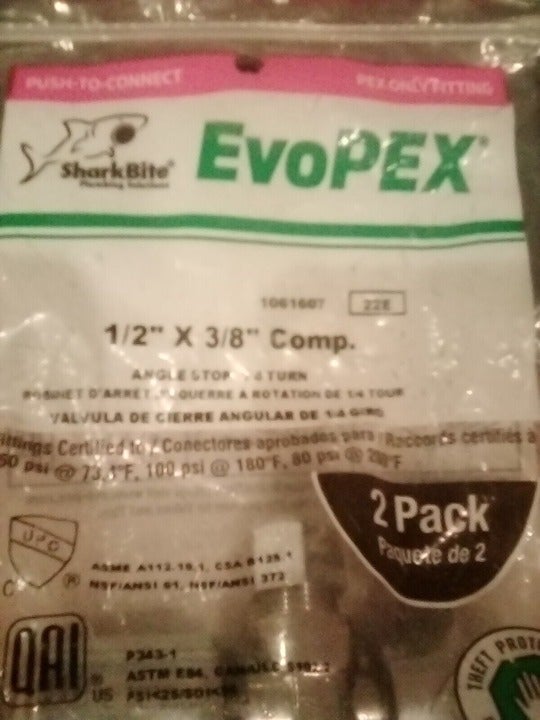 697285045224 "New" Bite Evopex 1/2'' X 3/8'' Comp Angle Stop 1/4 (2PK) K23036Z2