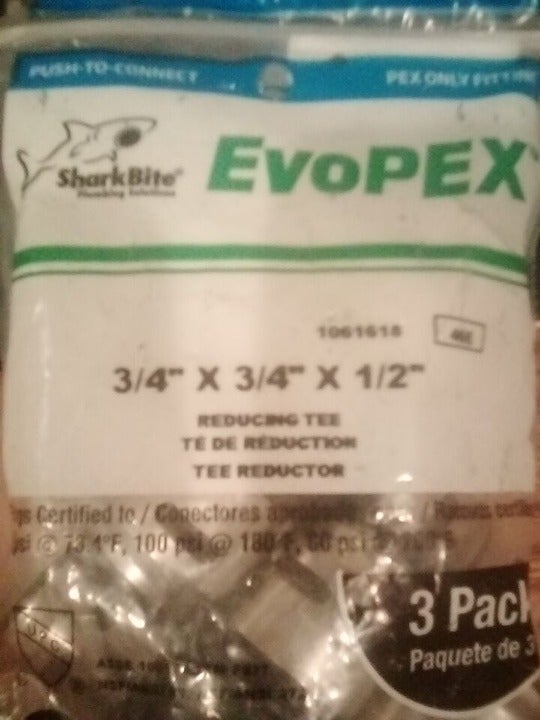 697285045408 "New"SharkBite EvoPEX 3/4" x 3/4" x 1/2" Reducing Tee (3 PK) K412Z3